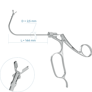 Щипцы для верхнечелюстных и лобных пазух, изгиб 110°, с вертикальным раскрытием губок (Ø трубки 2.5 мм, Ø бранш 3 мм)