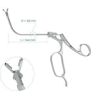 Щипцы для верхнечелюстных и лобных пазух, изгиб 70°, с вертикальным раскрытием губок (Ø трубки 3.5 мм, Ø бранш 4 мм)